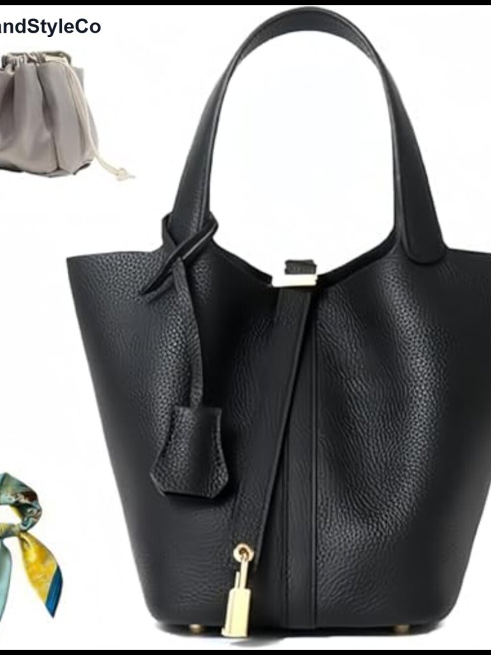 Genuine Leather Bucket Bag Lock Design Shoulder Handbag Top-Handle Tote